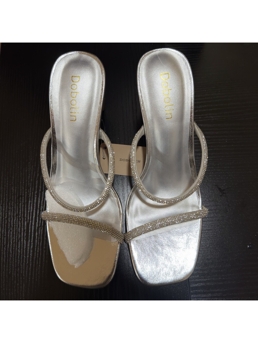 Dobolin Women's Silver Rhinestone Heeled Slide Sandals Size 9 Open Toe Mule - Picture 8 of 14